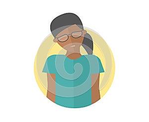 Weak, sad, depressed black girl in glasses. Flat design icon. Pretty woman with feeble depression emotion. Simply editable isolate