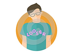 Weak, sad, depressed boy in glasses. Flat design icon of man with looser lettering. Handsome man with feeble depression emotion. S