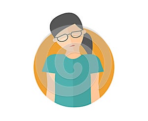 Weak, sad, depressed pretty girl in glasses. Flat design icon. Woman with feeble depression emotion. Simply editable isolated on w