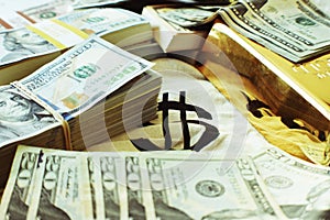 Wealth & Affluence Concept With Bundles Of Cash And Gold Bar Close Up High Quality