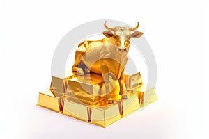 Wealth Concept. Golden Cow or Calf over Stack of Golden Bars on a white background. Generative AI