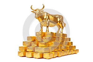 Wealth Concept. Golden Cow or Calf over Stack of Golden Bars on a white background. Generative AI