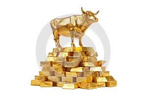 Wealth Concept. Golden Cow or Calf over Stack of Golden Bars on a white background. Generative AI
