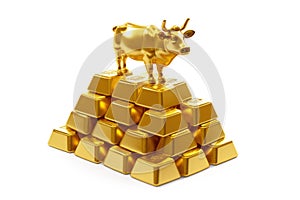 Wealth Concept. Golden Cow or Calf over Stack of Golden Bars on a white background. Generative AI