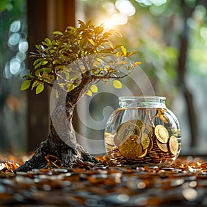 Wealth cultivation Glass piggy bank on a tree, gold coins