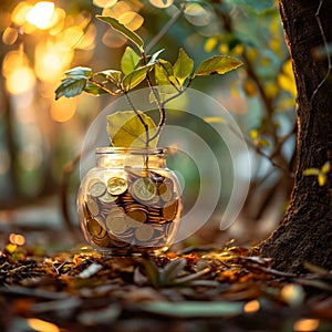 Wealth cultivation Glass piggy bank on a tree, gold coins
