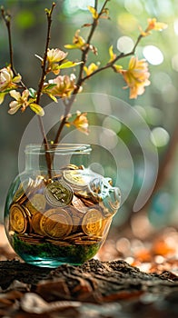 Wealth cultivation Glass piggy bank on a tree, gold coins