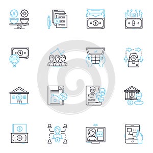 Wealth growth linear icons set. Invest, Prosper, Growth, Abundance, Riches, Flourishing, Fortune line vector and concept