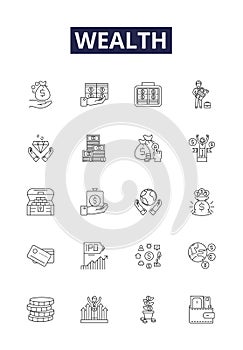 Wealth line vector icons and signs. Riches, Prosperity, Fortune, Abundance, Plentifulness, Affluence, Luxury, Opulence