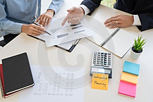 Wealth management concept, business man and team analyzing financial statement for planning financial customer case in office photo