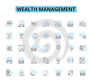 Wealth management linear icons set. Investments, Retirement, Portfolio, Succession, Estate, Trust, Diversification line