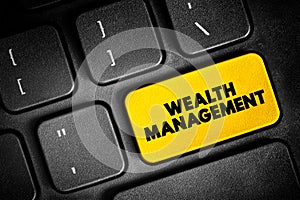Wealth Management - process of making decisions about your assets with a wealth manager, text button on keyboard, concept