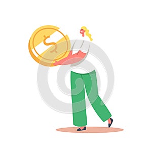 Wealth and Prosperity Concept. Tiny Businesswoman with Huge Gold Coin. Business Growth, Investment, Investor with Money