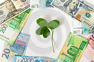 Wealth, success, business, lucky investment, win, jackpot concept. Lucky talisman. Money and shamrock. Four leaf clover among euro
