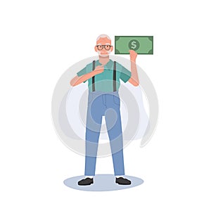 Wealth and Success Concept. Elderly man with Big Money Note Showing Prosperity and Financial Confidence.  Elderly man Illustration