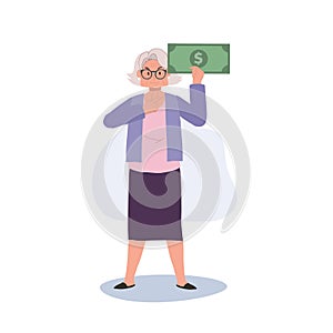 Wealth and Success Concept. Elderly Woman with Big Money Note Showing Prosperity and Financial Confidence.  Elderly Woman