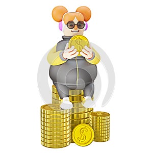 A wealthy 3D Funny Girl Cartoon Design sitting on a ton of gold coins