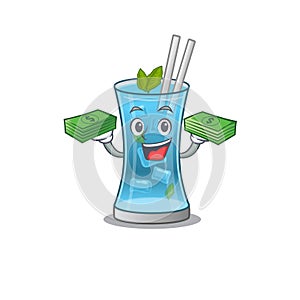 A wealthy blue hawai cocktail cartoon character with much money