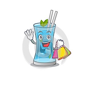 Wealthy blue hawai cocktail cartoon character with shopping bags