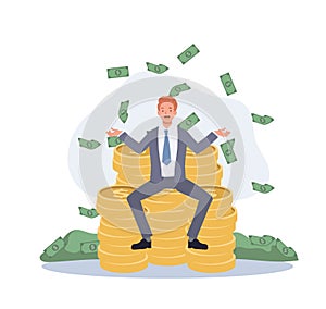 Wealthy Businessman concept. Millionaires. Businessman sitting on stack of coin. Vector Illustration
