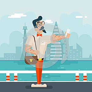 Wealthy Cartoon Hipster Geek Mobile Phone Selfie Businessman Character Icon on Stylish City Background Flat Design