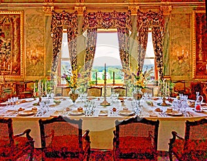 wealthy elegant dining room with table, chairs and place settings and windows view