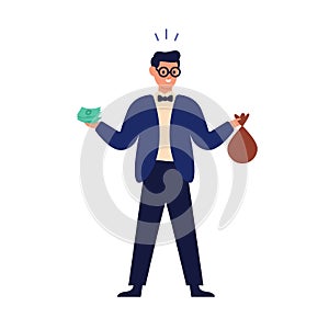 Wealthy happy man holding banknote, money bag and financial accumulation, income profit. Save cash, savings concept