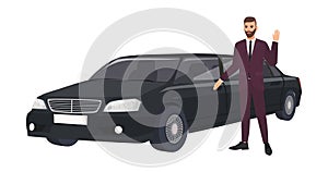 Wealthy man in elegant suit standing beside luxury limousine and waving hand. Rich person or male celebrity and his