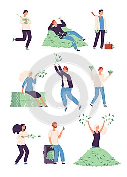 Wealthy people. Rich happy persons with money dollars gold coins, lucky rich man and woman millionaire vector isolated