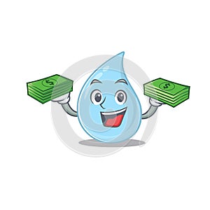A wealthy raindrop cartoon character having money on hands