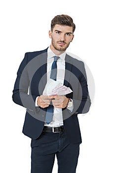 Wealthy successful businessman burning money