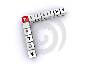 Wealthy Wisdom word block on white