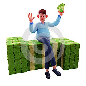 A Wealthy Workman Cartoon Picture sitting on a ton of money