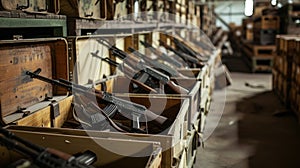 Weapon and army equipment in warehouse, wooden boxes with machine guns in storage, illegal smuggle arsenal. Concept of war, store photo