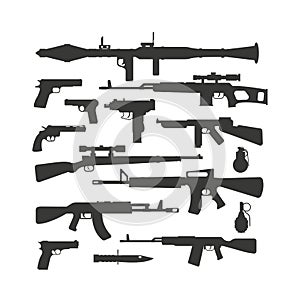 Weapon collection different military automatic gun shot machines silhouette police bullet vector.