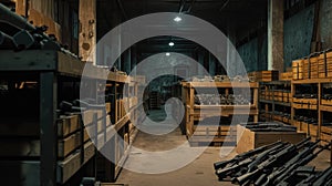 Weapon in dark military store, wooden boxes of guns inside warehouse. Illegal smuggle arsenal of firearm. Concept of war, industry photo