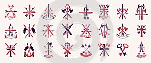 Weapon emblems vector emblems big set, heraldic design elements collection, classic style heraldry armory symbols, antique knives