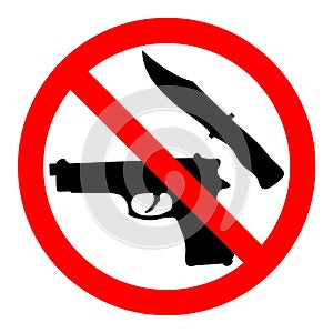 Weapon prohibited icon. Forbidding vector sign `No weapons` with gun and knife.