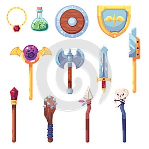 Weapon RPG game set equipment loot booty bow sword wand staff poison things artifact inventory vector photo