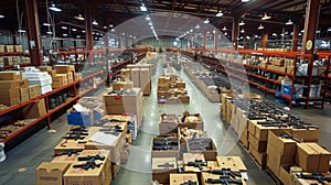 Weapon stored in large military warehouse, perspective view of boxes with guns inside storage. Illegal smuggle arsenal of firearm photo