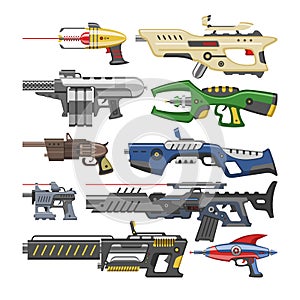 Weapon vector blaster laser gun with futuristic handgun and raygun of aliens in space illustration set of child pistols