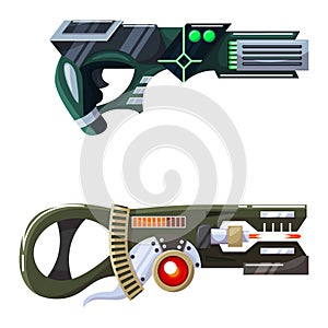 Weapon vector space gun blaster laser gun with futuristic handgun and fantastic raygun of aliens in space illustration