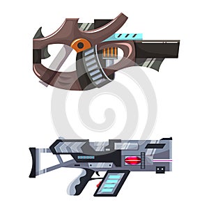 Weapon vector space gun blaster laser gun with futuristic handgun and fantastic raygun of aliens in space illustration