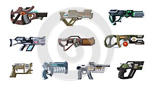 Weapon vector space gun blaster laser gun with futuristic handgun and fantastic raygun of aliens in space illustration