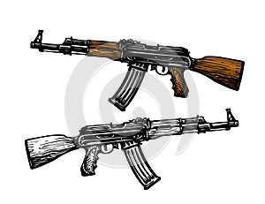 Weaponry, armament symbol. Automatic machine AK 47. Kalashnikov assault rifle, sketch. Vector illustration