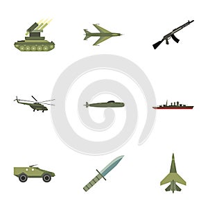 Weaponry icons set, flat style