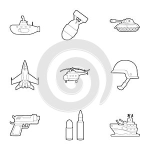 Weaponry icons set, outline style