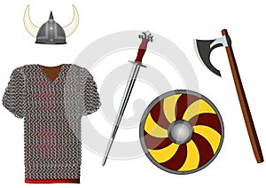 Weapons and armors set of viking, vector