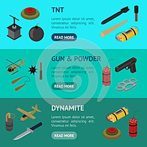 Weapons 3d Banner Horizontal Set Isometric View. Vector