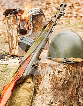 Weapons and helmet Soviet soldier